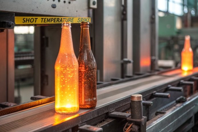 Hot glass bottles on conveyor line during temperature spike in production