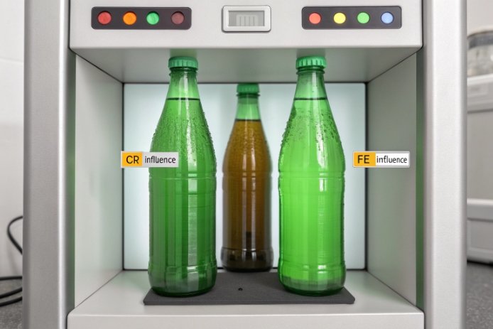 Lightbox test comparing green bottles with chromium and iron influence labels and control lights.