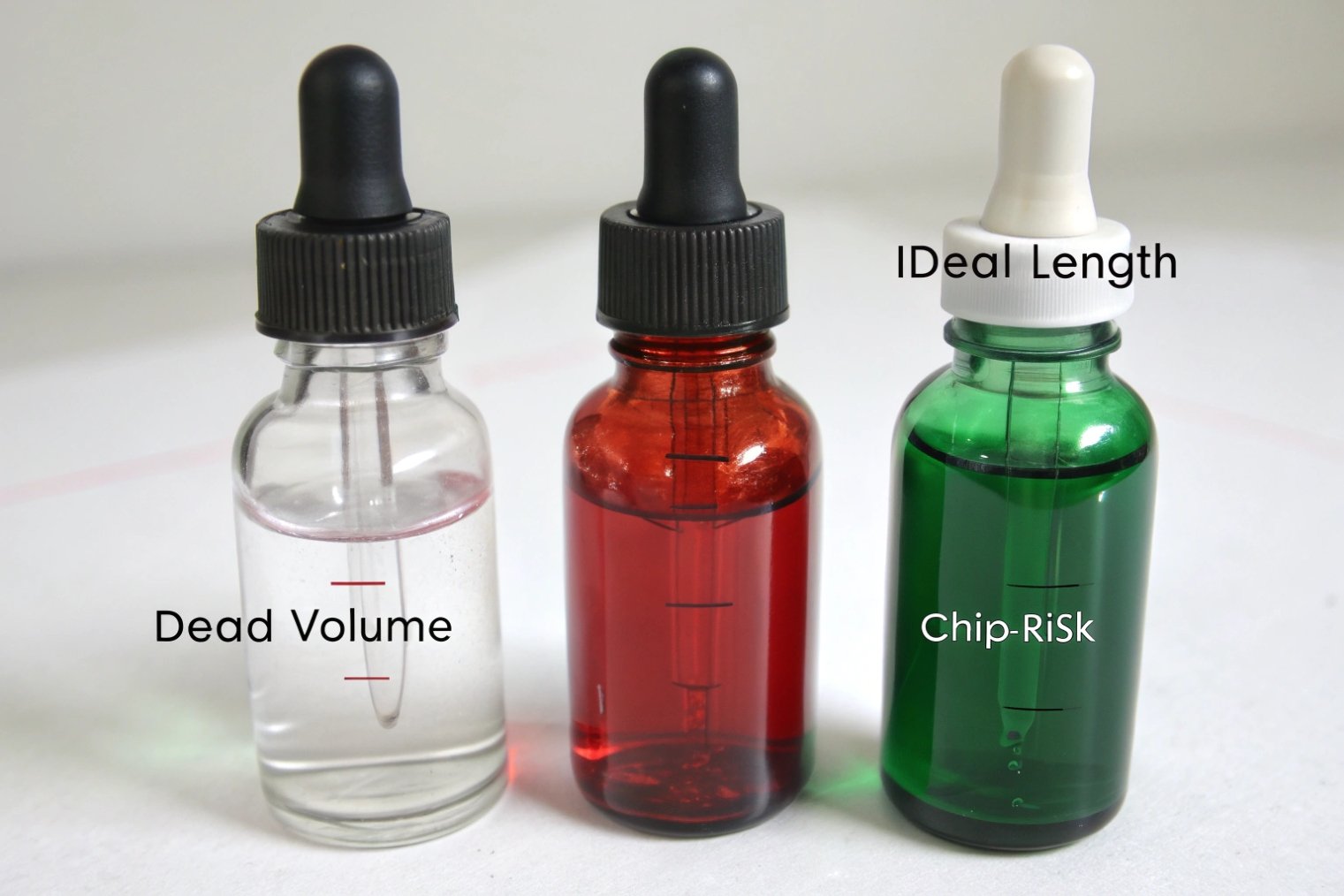 three glass dropper bottles showing dead volume chip risk and ideal pipette length