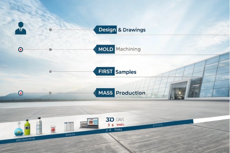 Timeline graphic showing bottle design mold machining sampling and mass production stages