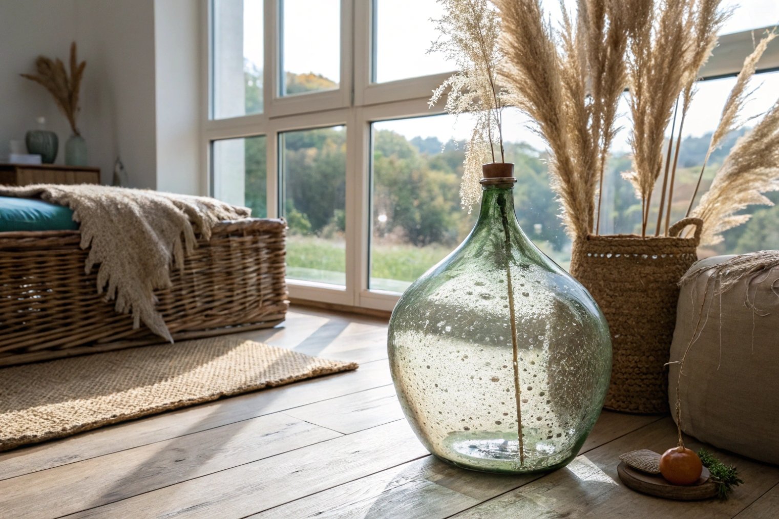 Large green bubble glass floor bottle used as rustic bedroom decor