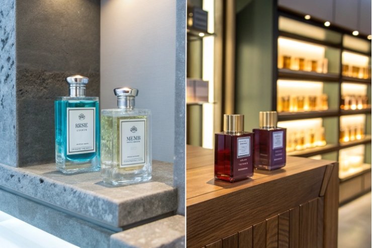Square glass perfume bottles displayed on illuminated shelves in boutique