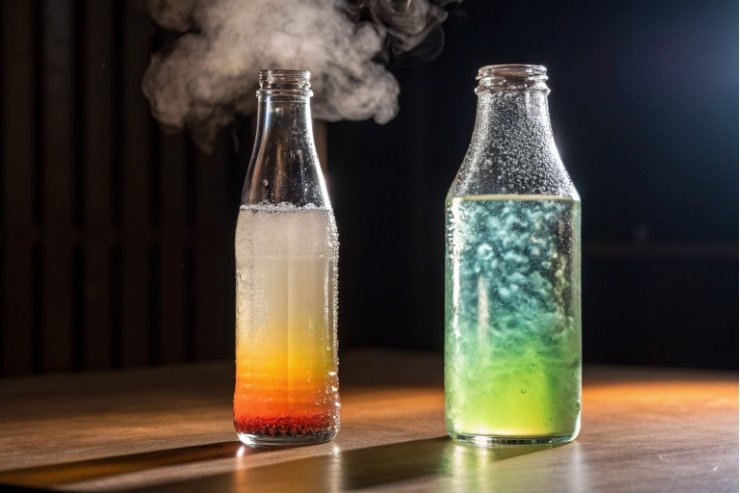Two experimental beverage glass bottles with colored layers bubbles and vapor effect
