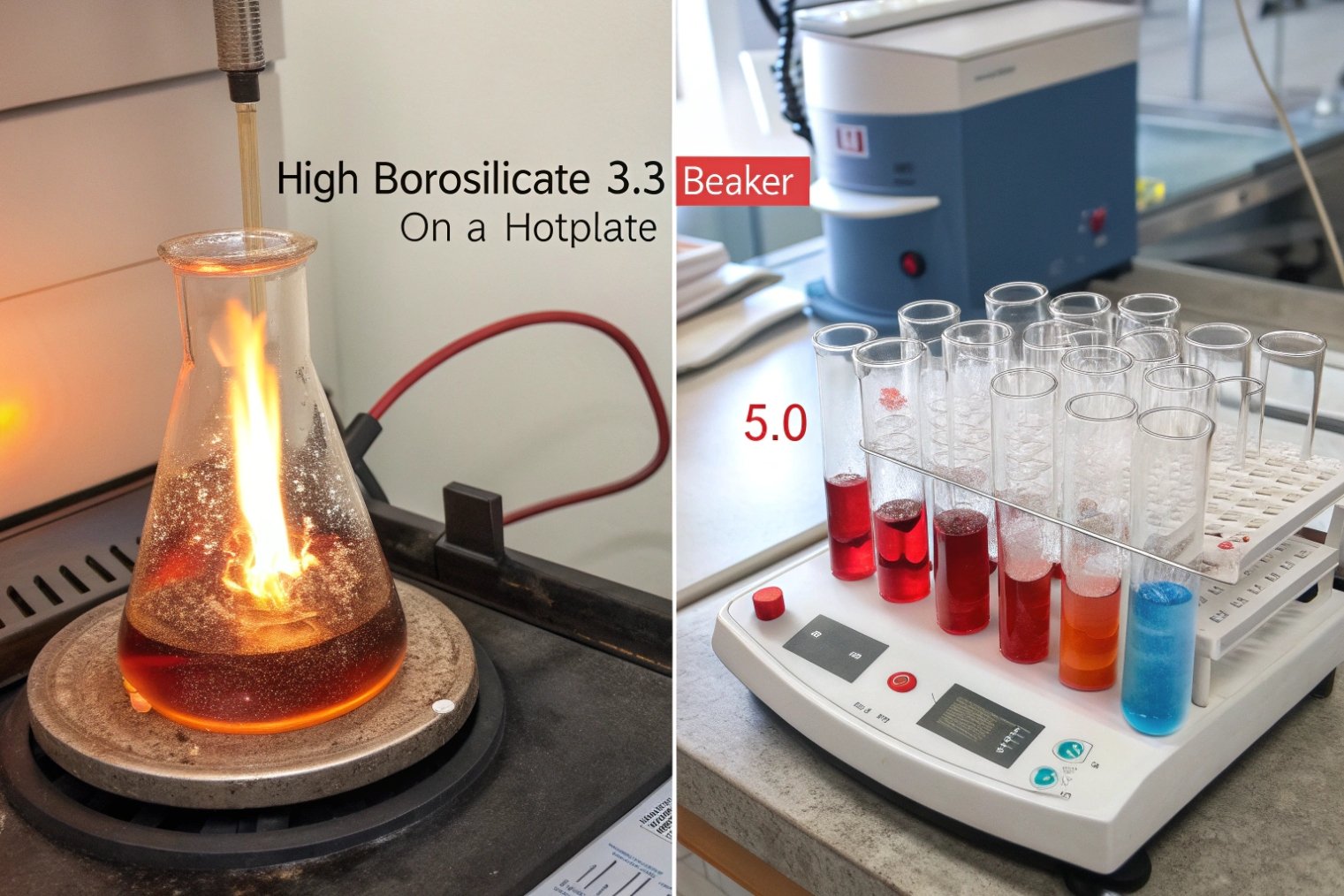 FuSenglass high borosilicate glass beaker on hotplate beside test tubes with liquids