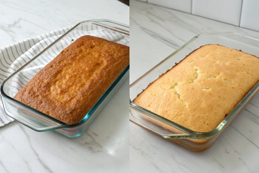 Two cakes cooling after baking in glass dishes