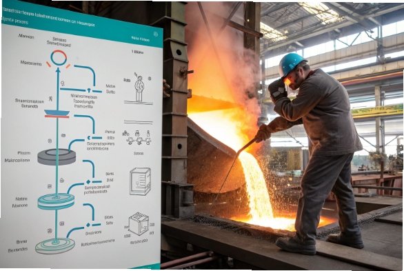 Technician monitoring molten glass pour in factory, illustrating glassmaking process safety.