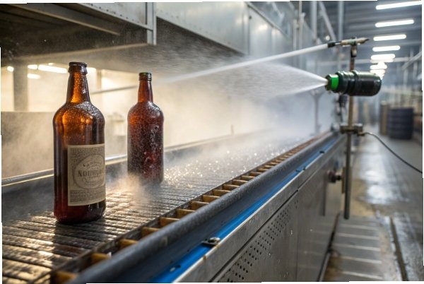 Amber beer bottles on conveyor under high pressure rinse spray system