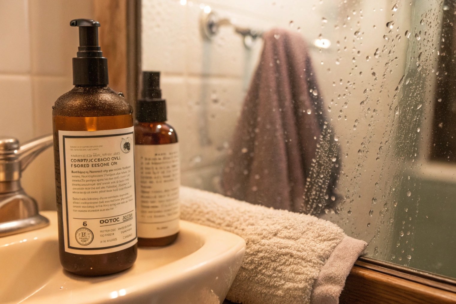 amber pump skincare bottle with detailed label on wet bathroom sink by mirror