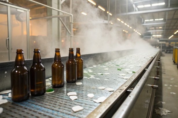 Amber glass bottles on conveyor during high pressure washing with steam and debris