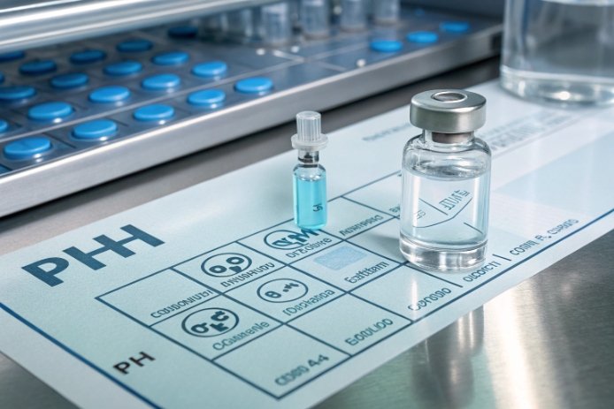 Pharmaceutical glass vial beside pH worksheet for leachables and extraction testing