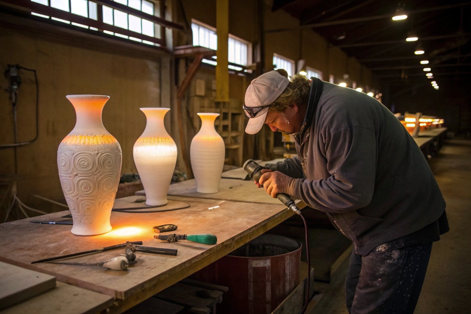 craftsman finishing patterned glass vases with tools in lighting workshop