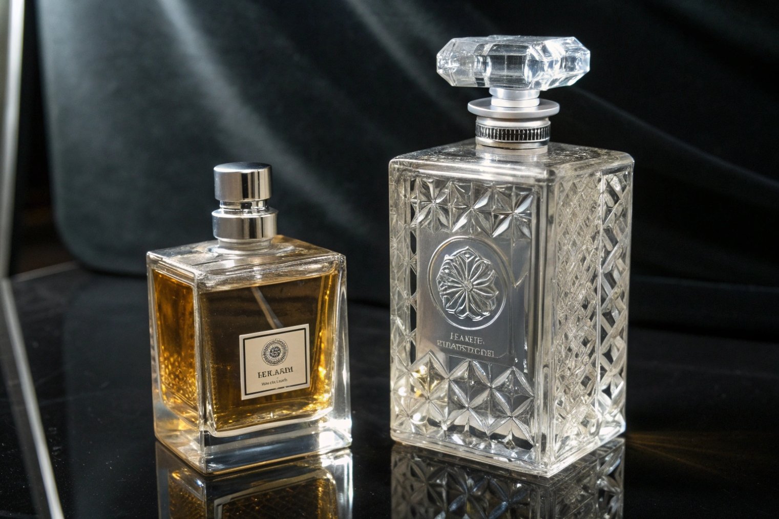 Two ornate cut-glass perfume bottles, one smaller and simple, one tall and heavily embellished