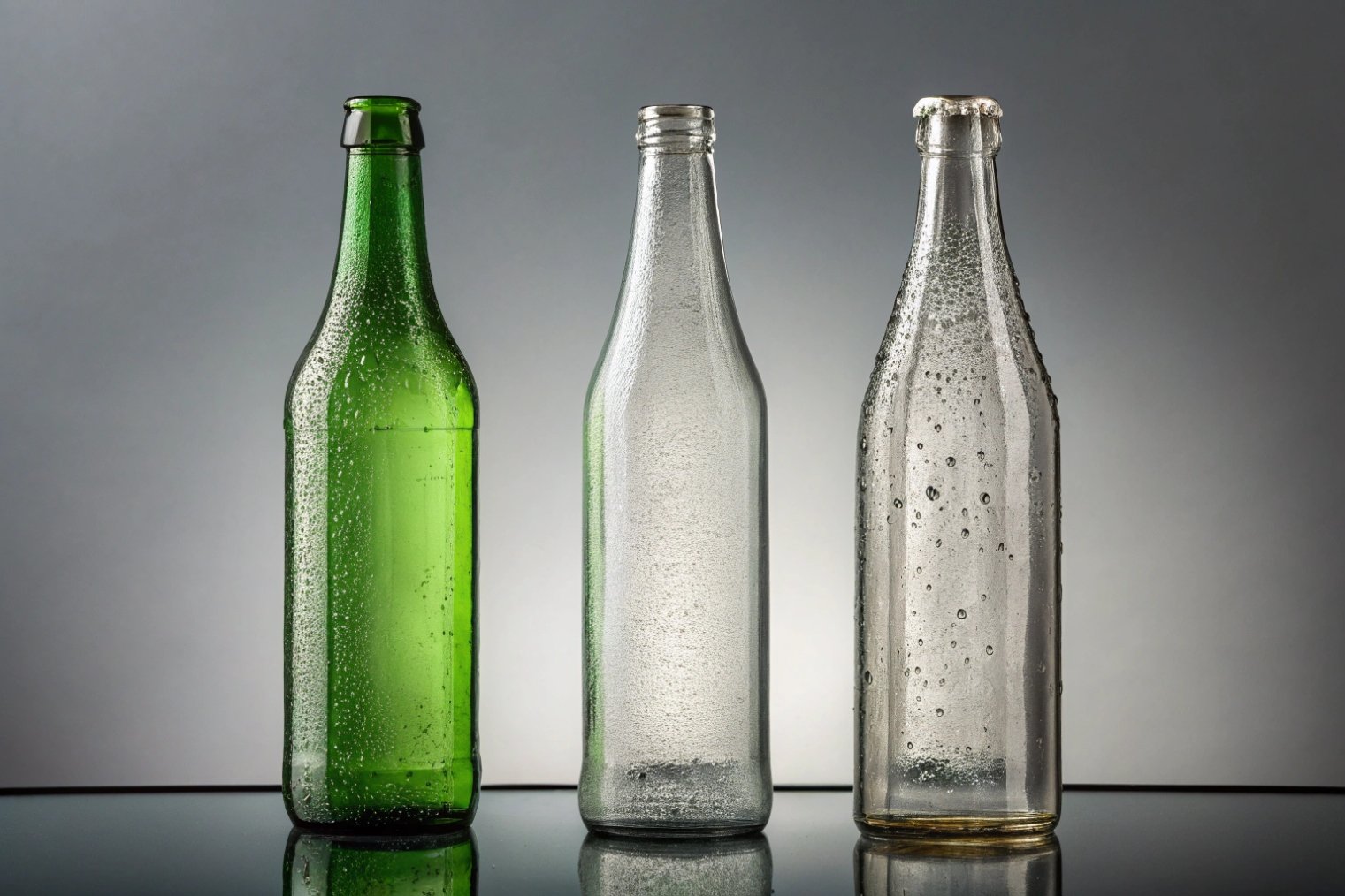 green and clear beverage glass bottles for drink packaging on reflective surface