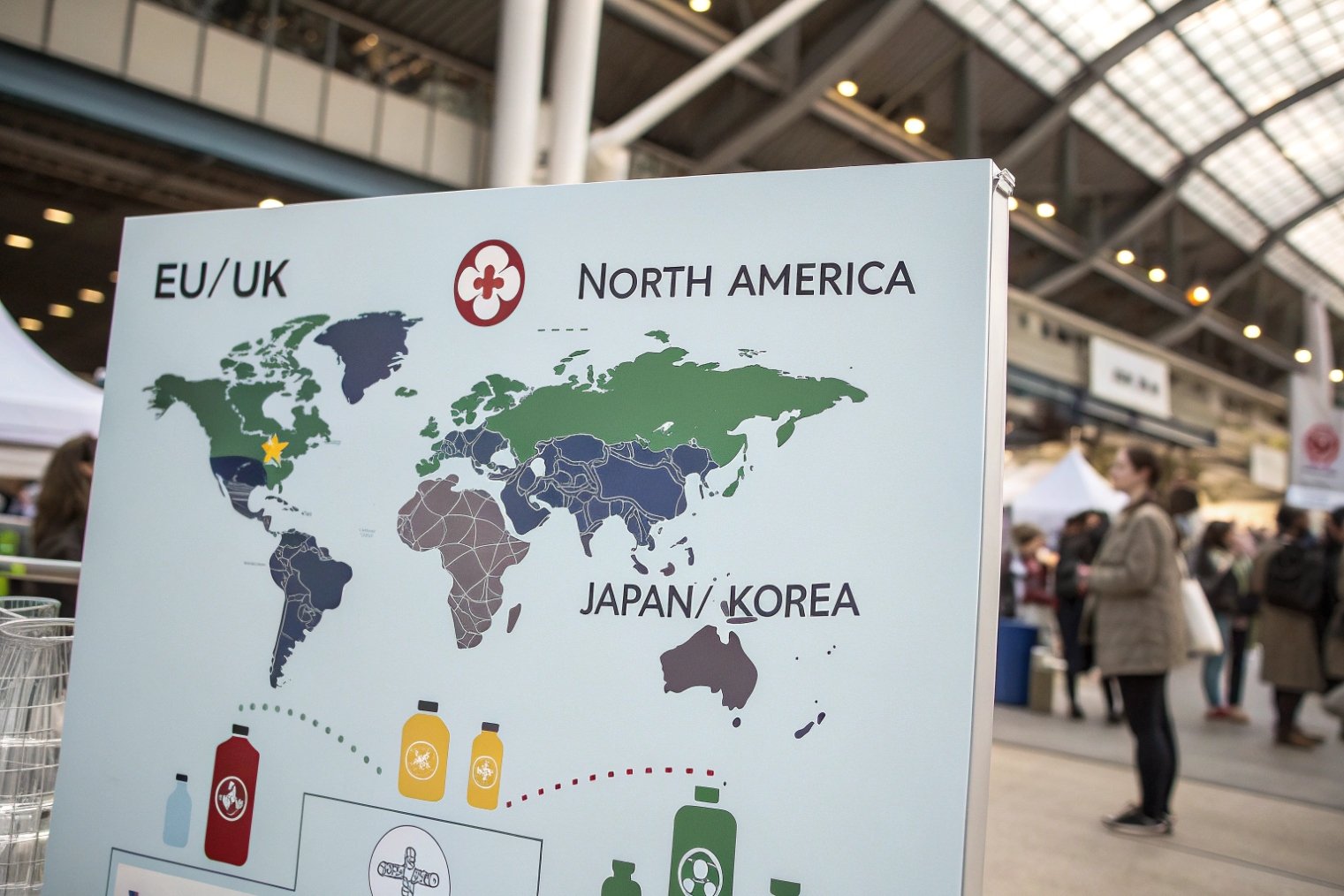 world map poster highlighting EU UK North America Japan Korea markets at expo