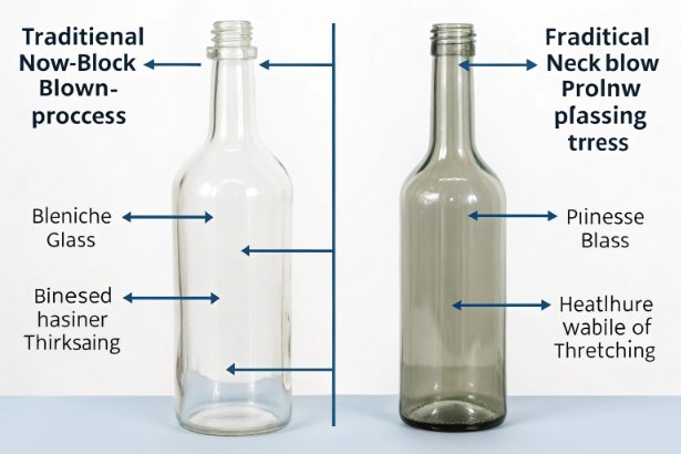 Diagram comparing traditional blow process and narrow neck blow method for glass bottles