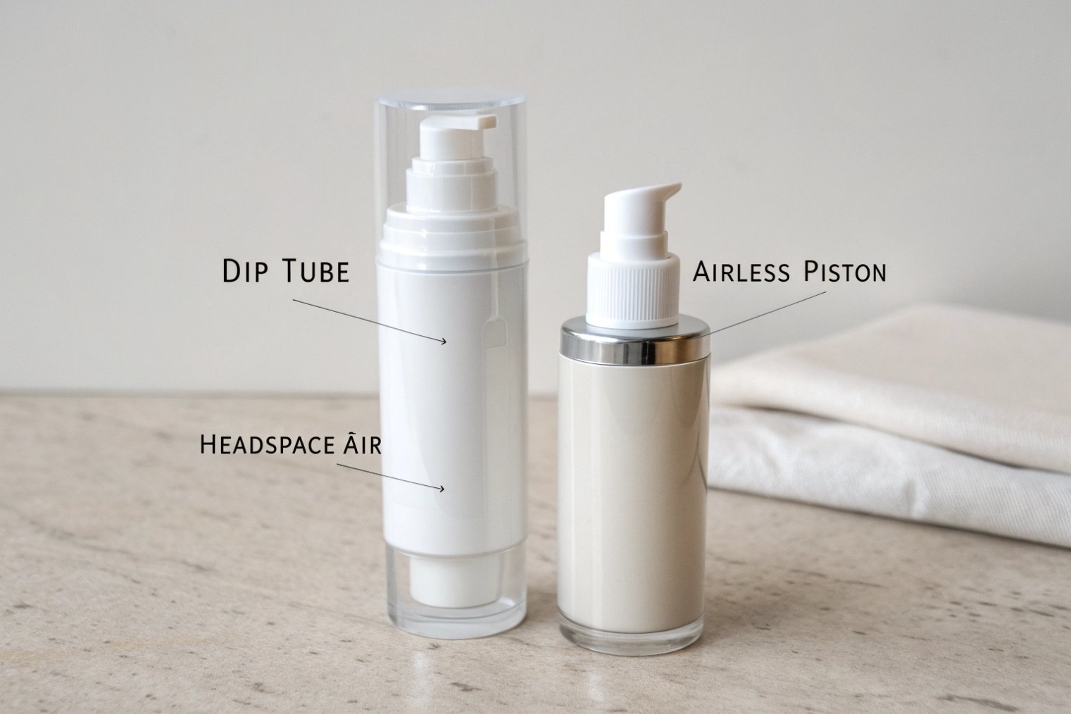 Two lotion bottles side by side, one with a traditional pump and dip tube labeled “Headspace Air” and one airless package labeled “Airless Piston”