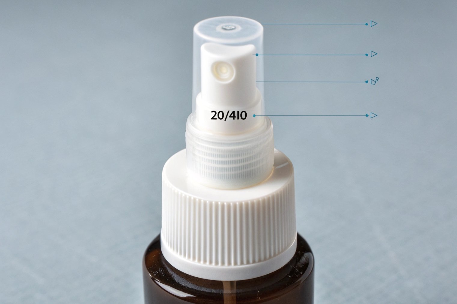 Close-up of a white fine-mist spray pump on an amber bottle with arrows highlighting the nozzle, actuator and a 20/410 neck finish size