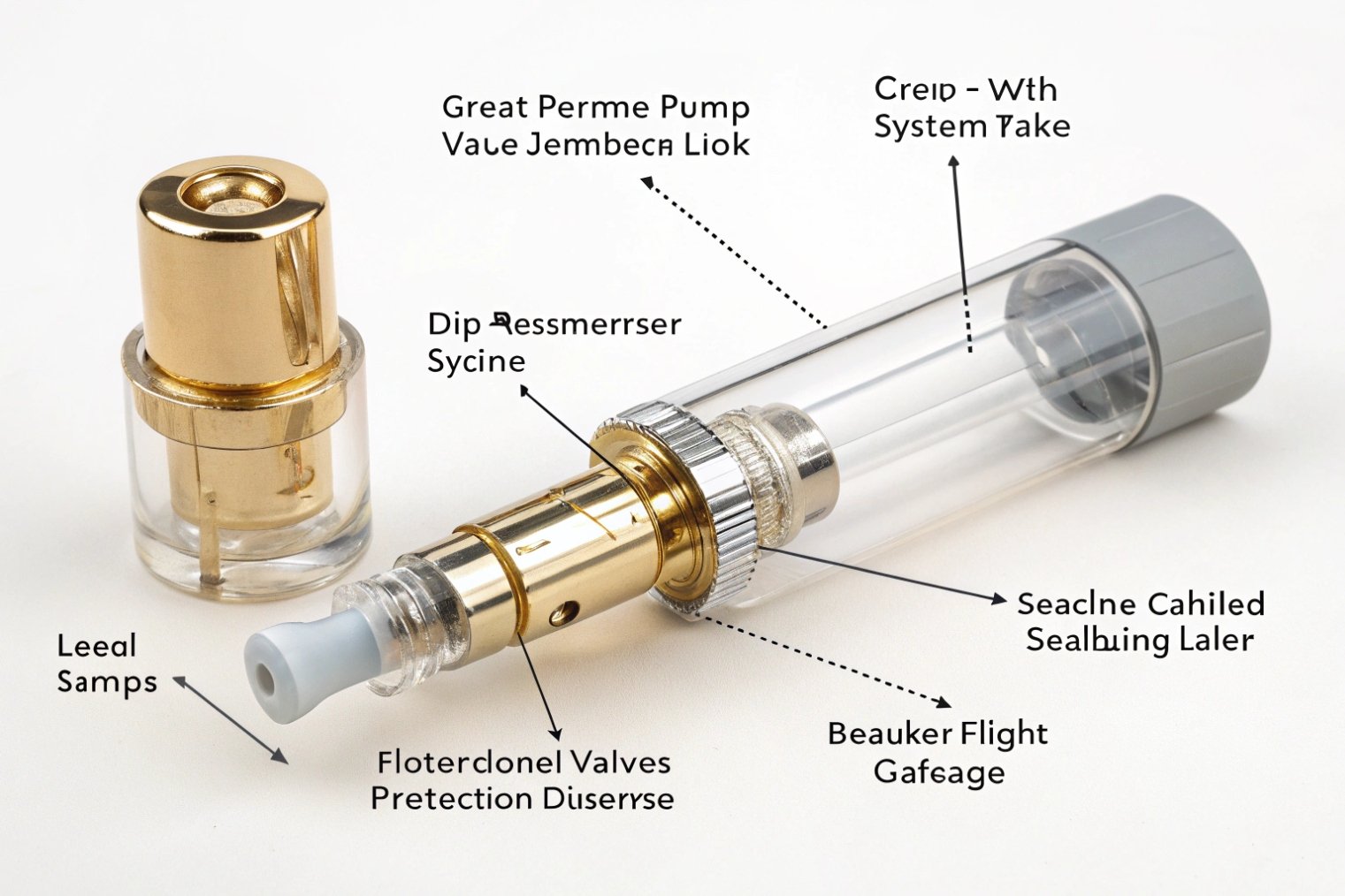 Disassembled refillable travel atomizer showing clear outer vial, gold inner pump mechanism and grey refill valve, with playful mis-spelled callouts to the different parts