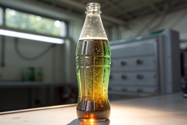 Condensation-covered beverage glass bottle standing on factory table for quality evaluation