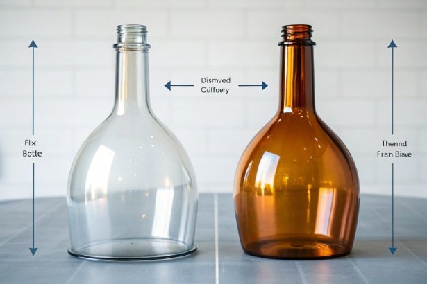 Clear and amber glass bottle shape comparison with dimension guide for packaging design