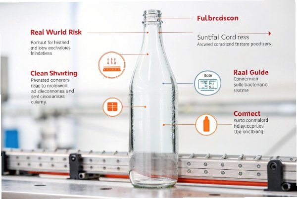 Clear glass bottle infographic showing handling risks and inspection points