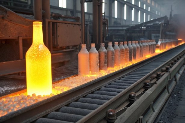Glowing hot glass bottles moving on annealing conveyor in industrial furnace line