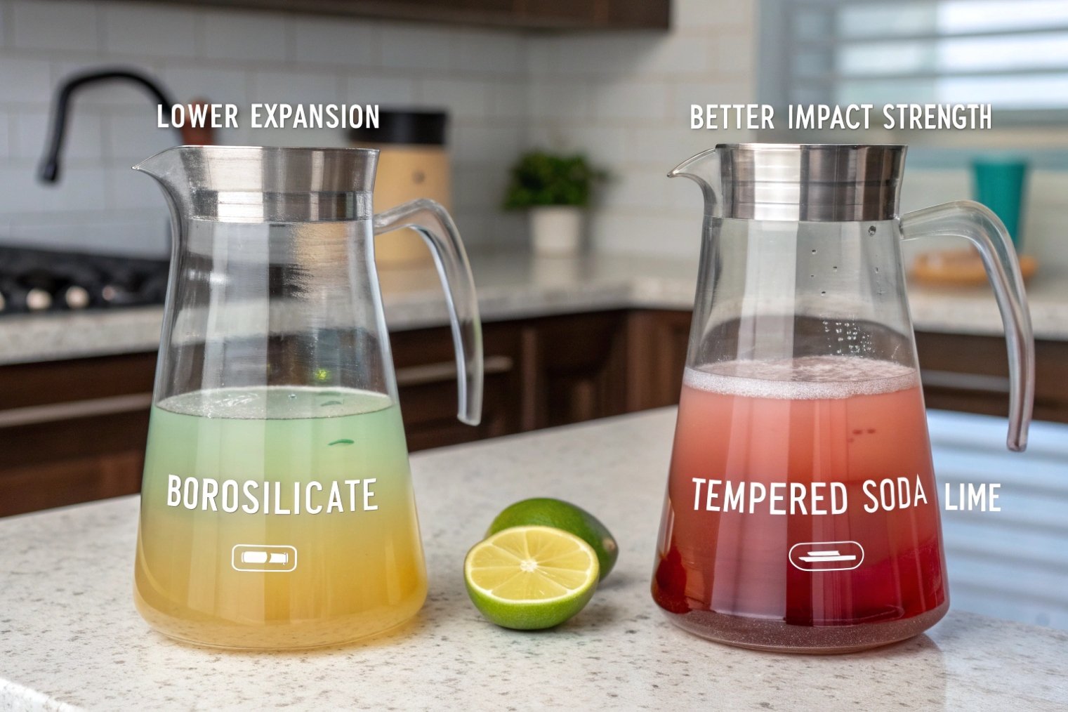 Side-by-side comparison of two clear glass pitchers on a kitchen counter one filled with pale green lemonade labeled borosilicate with text lower expansion and the other with pink drink labeled tempered soda lime with text better impact strength lime halves between them