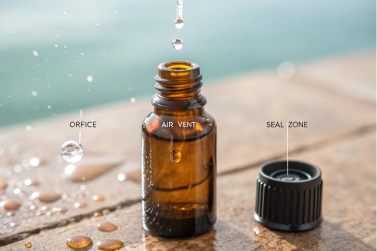 Open amber essential oil bottle with dripping liquid and labeled orifice air vent seal