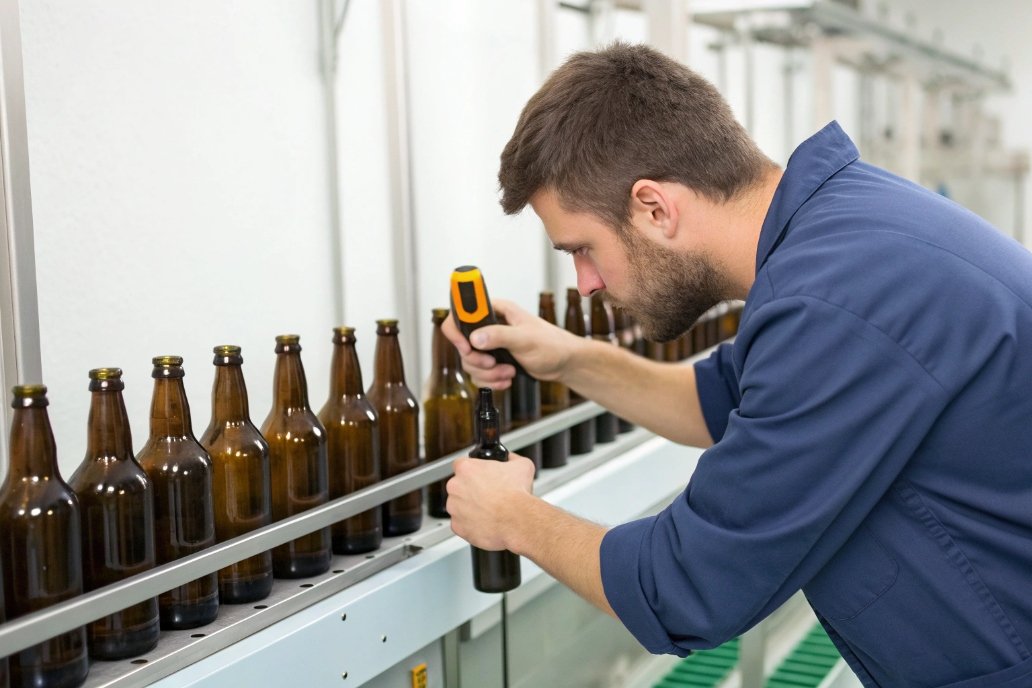 Quality control in factory, checking bottles on production line