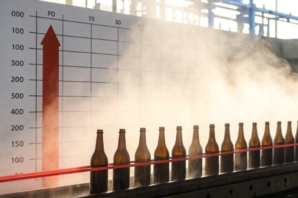 Amber glass bottles in steam tunnel pasteurizer on production conveyor