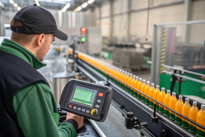 Operator inspecting filled beverage bottles on conveyor with handheld control panel