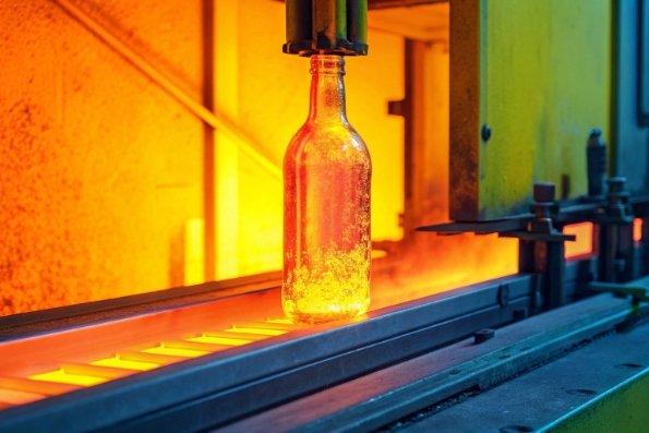 Hot glass bottle on production line during forming and annealing process