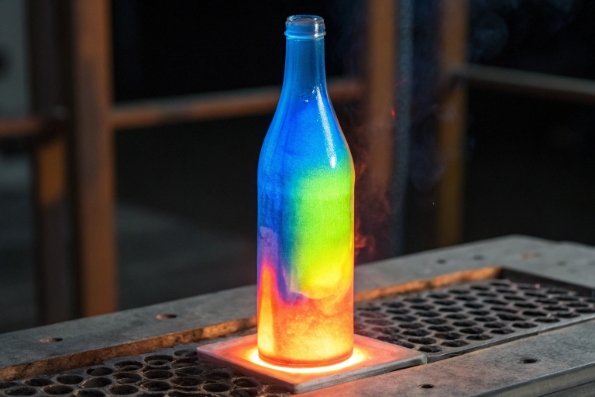 Hot glass bottle with thermal color pattern during heat treatment test