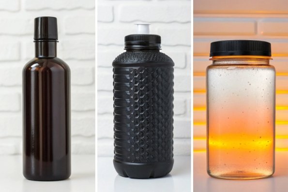 Packaging container lineup with amber bottle, textured black jar, and clear storage jar samples