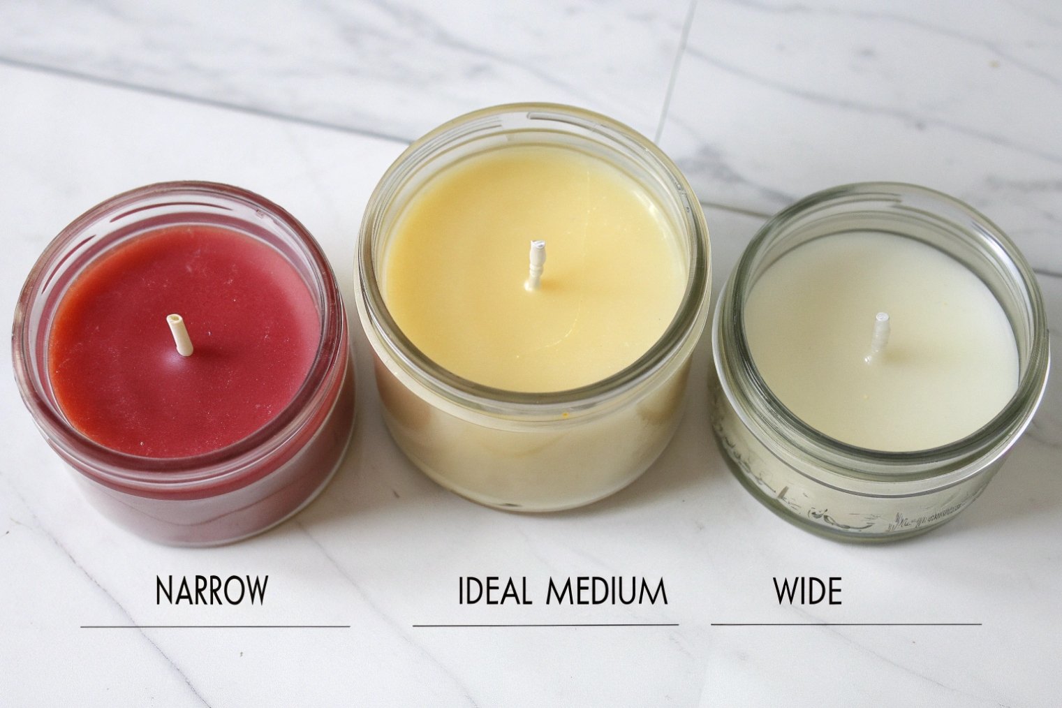 Top view of three glass jar candles showing narrow, ideal medium and wide wick diameters.