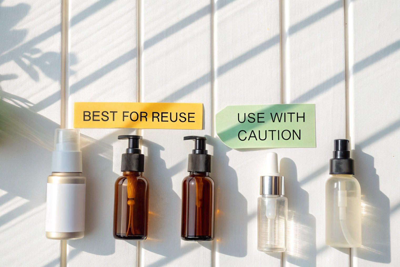 Assorted glass pump and spray bottles sorted as best for reuse or caution.