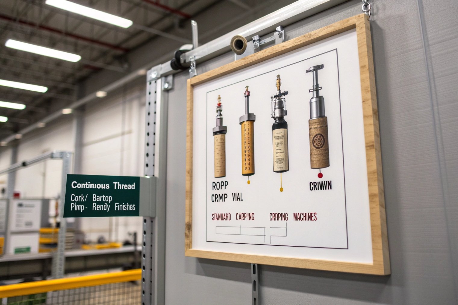 Factory sign showing different capping closures for glass bottles and vials on production line