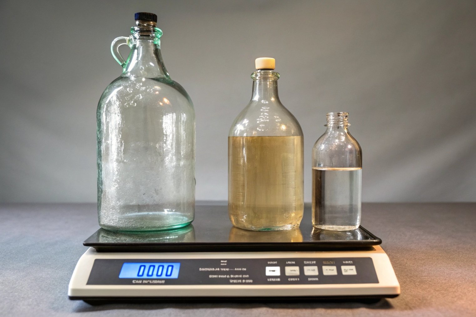 Different size glass bottles with liquid samples on digital scale