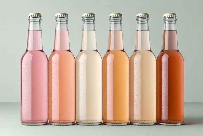 Beverage bottles in gradient glass tints from flint to light amber and pink