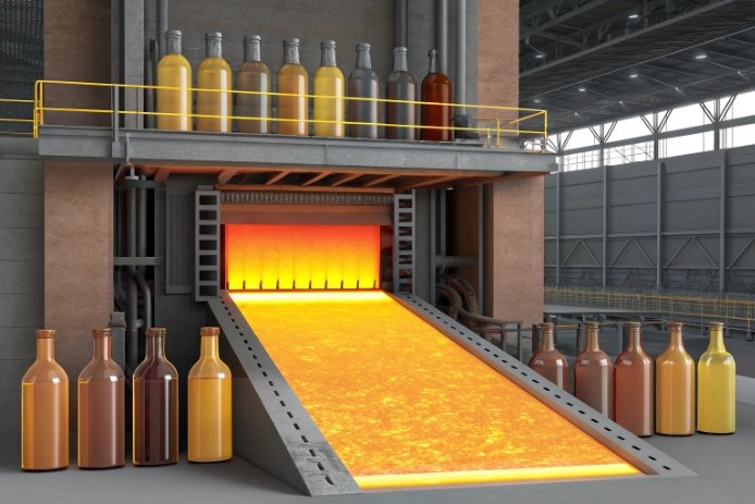 Hot-end furnace illustration showing amber bottle color range across production line