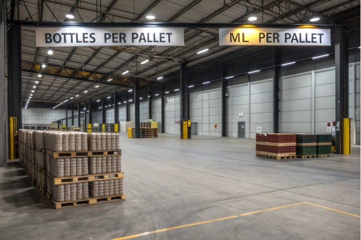 Empty warehouse showing pallets and signage for bottles per pallet and ml per pallet
