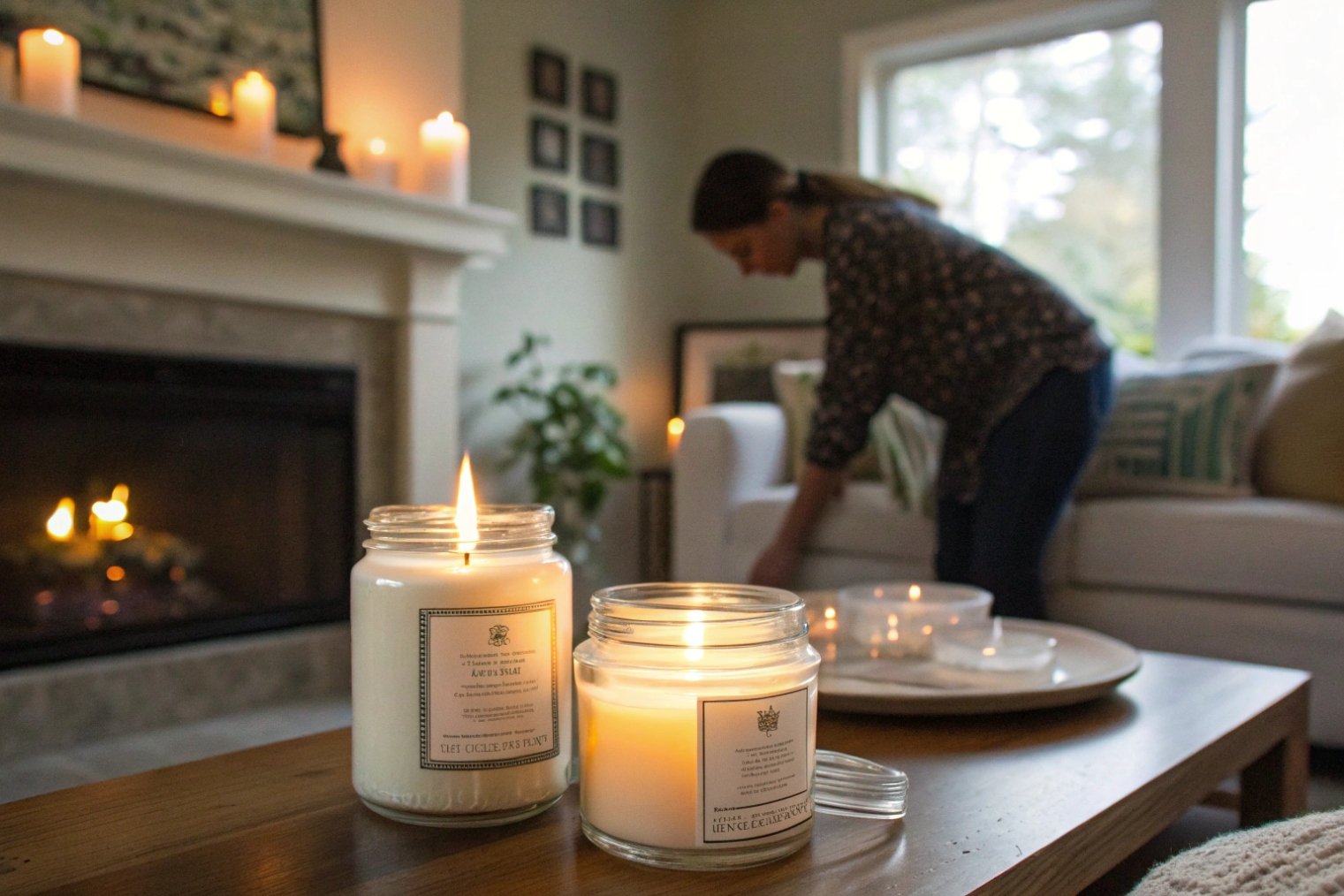 woman arranging living room with scented glass jar candles and fireplace ambience