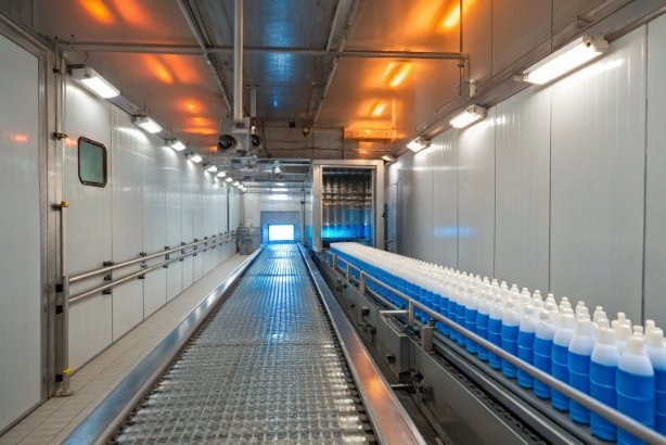 Automated filling line tunnel with blue liquid bottles moving through factory corridor