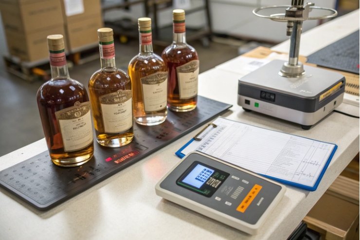 Four whiskey bottles on measurement station during filling level and closure torque quality control