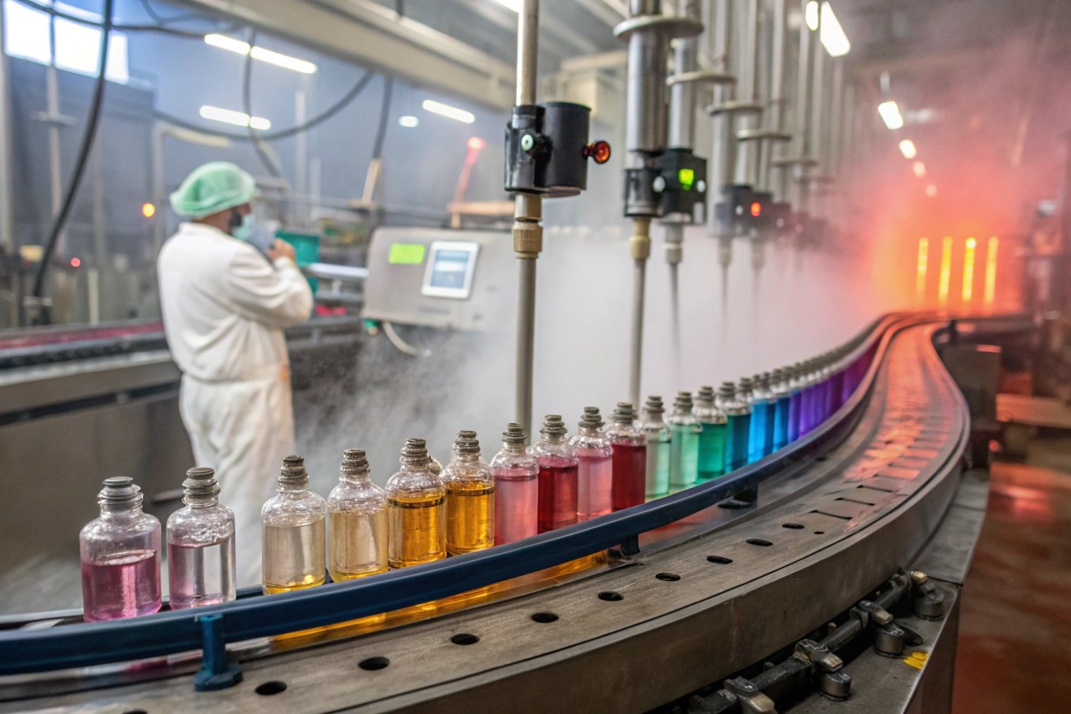 colorful perfume bottles moving along automated filling and cooling production line