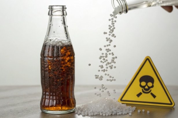 Contamination Risk Test Glass beverage bottle with pellets pouring and hazard warning sign showing contamination risk