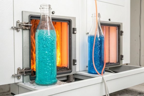Glass bottles filled with blue granules in front of furnace for thermal evaluation