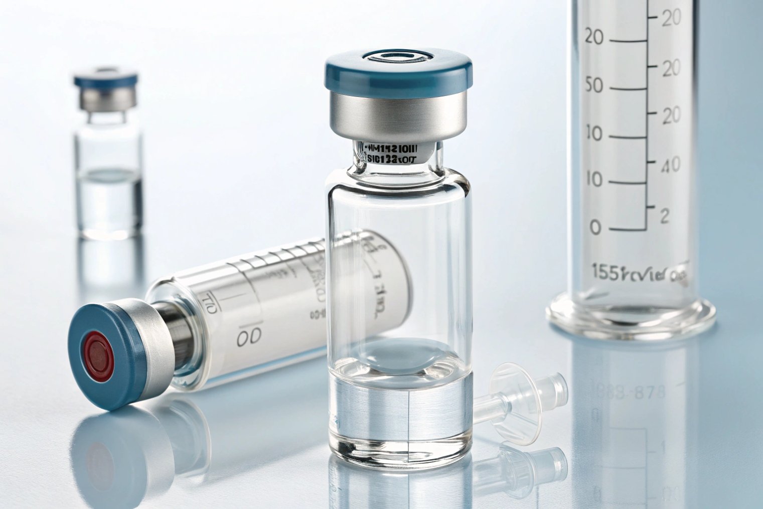 Clear injectable pharmaceutical glass vial with rubber stopper and syringe on sterile surface