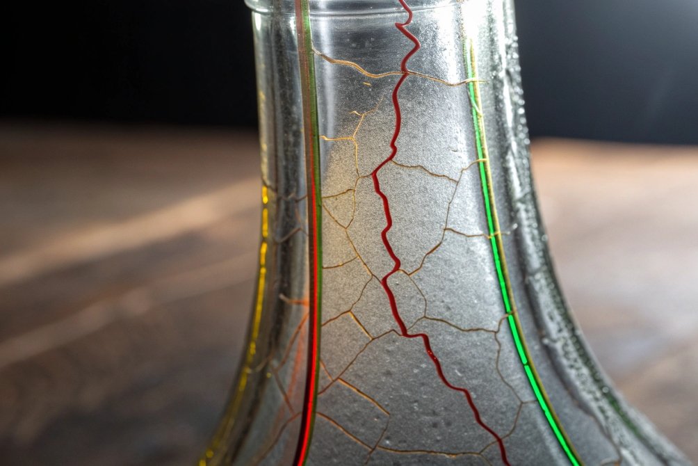 Close up of stressed glass bottle neck showing colored fracture lines