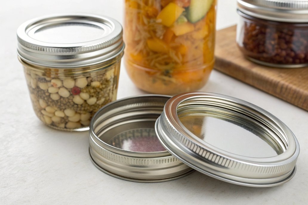 Mason jars with lids, one filled with grains